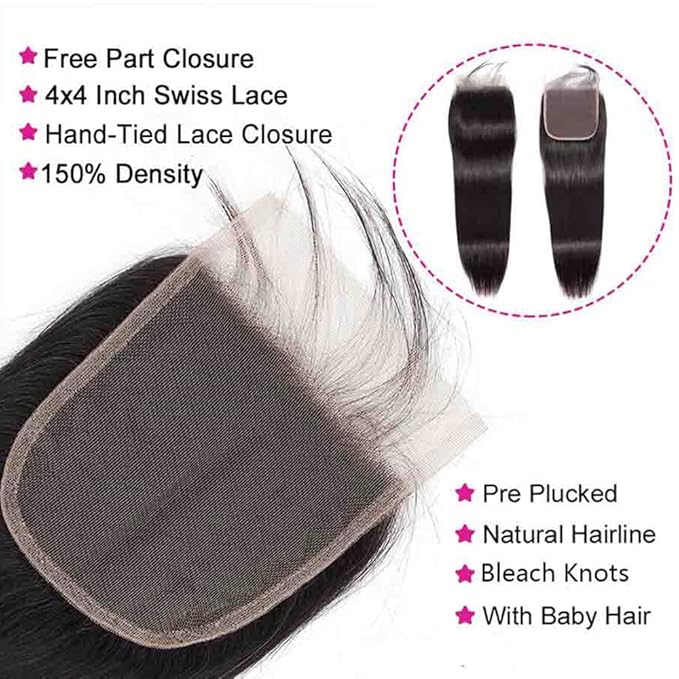 Straight Bundles with Closure Human Hair 12 14 16+10 Brazilian Human Hair Bundles with Closure Straight 100% Unprocessed Virgin Weave Hair Bundles with Lace Closure