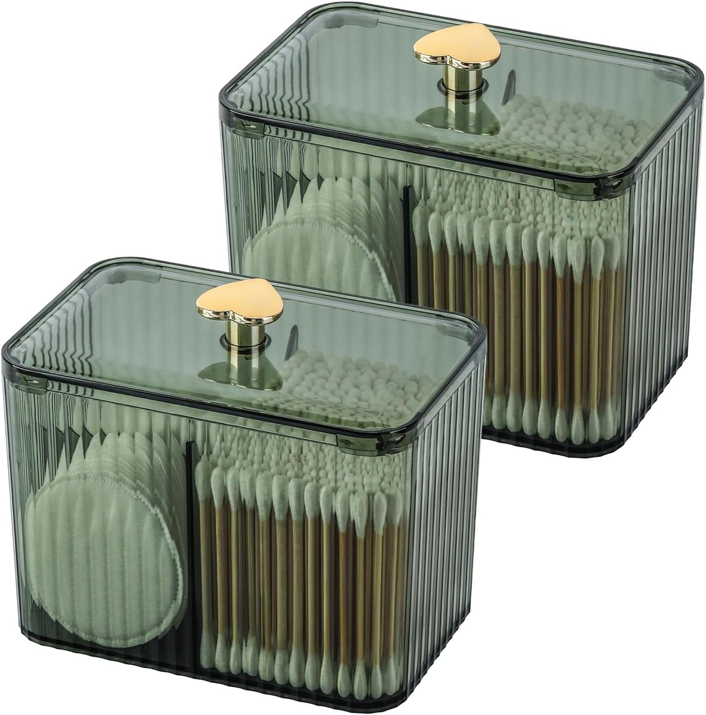 Tbestmax Qtip Holder Dispenser 3-Section Clear Bathroom Organizer Jar 3 Grids Cotton Swab/Pad/Ball Holder Container Cosmetics Storage for Vanity(2 Pack Green)