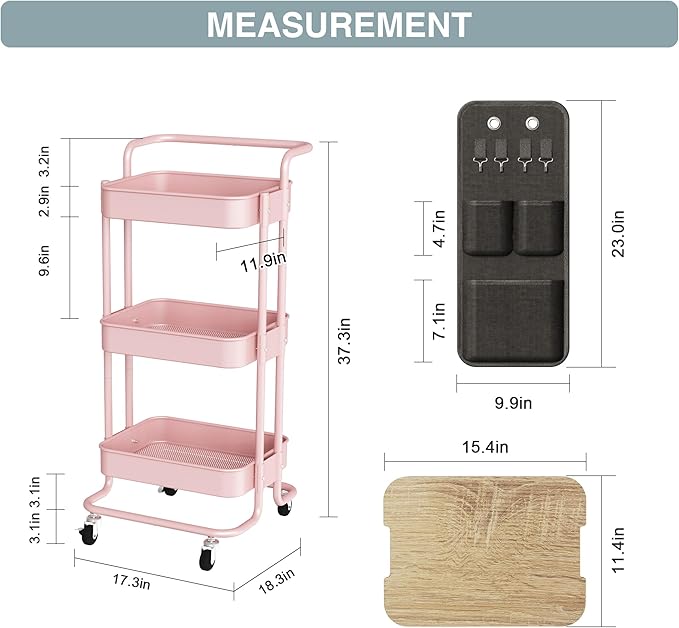 DTK 3-Tier Metal Utility Rolling Cart with Table Top and Side Bags, Art Craft Cart with 4 Hooks for Kitchen, Bathroom, Office, Living Room (Pink)