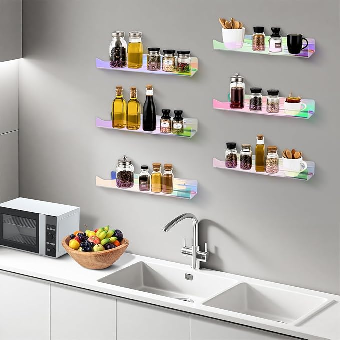 Wall Mount Acrylic Shelf 15 Inch Floating Shelf for Wall Decor Plants Books Records Colorful Display Shelf with Mounting Hardware Bathroom Bedroom Living Room Storage Organization(6, iridescent)