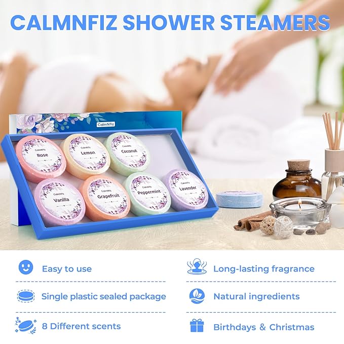 Shower Steamers 8 Pack Set Shower Bombs Tablets in Blue Box with 8 Fragrances with Shea Butter for Self-Care & Relaxation, Idea for Women and Men
