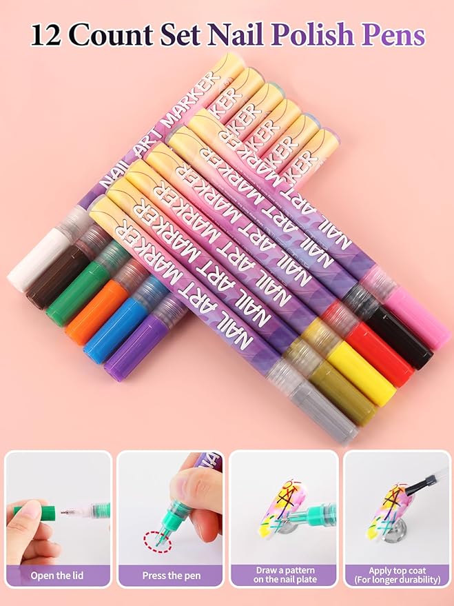 12 Colors Nail Art Pens Set, EBANKU Nail Polish Pens Quick-Drying Acrylic Paint Pen Nail Point Dotting Liner Pen Tools for Home & Salon Nail Art DIY