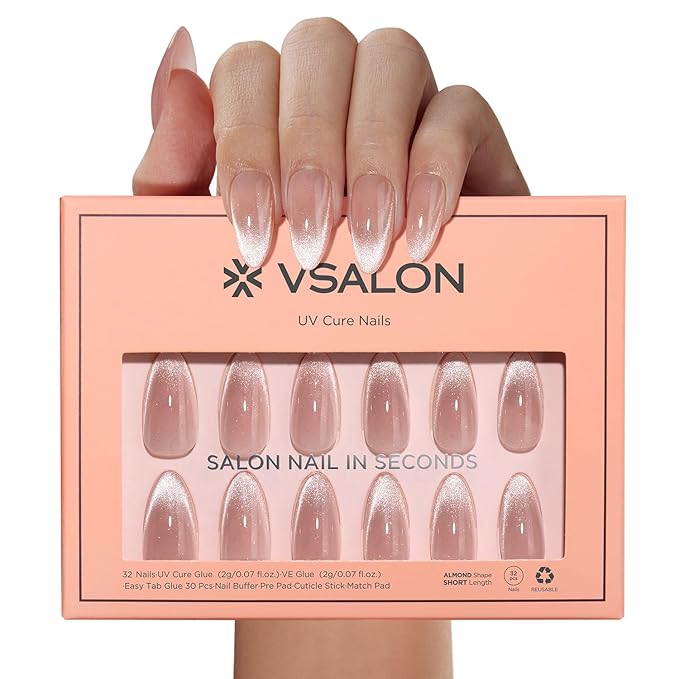 VSALON Press On Nails Almond, 32 Pcs 16 Sizes Cat Eye Press On Nails French Tip Nude Medium Sparkly Fake Nails With UV Glue Reusable Stick On Nails Semi-transparent Valentines Gift For Women