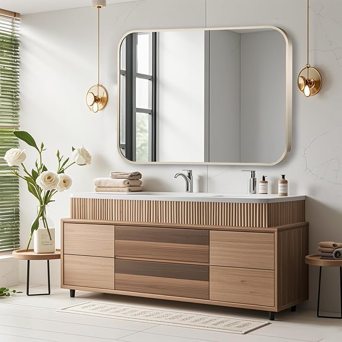 48x30 Inch Brushed Nickel Bathroom Mirror, Framed Rectangle Mirror with Rounded Corner, Brushed Mirror, Silver Bathroom Mirror for Over Sink, Vanity, Living Room, Bedroom, Horizontal/Vertical