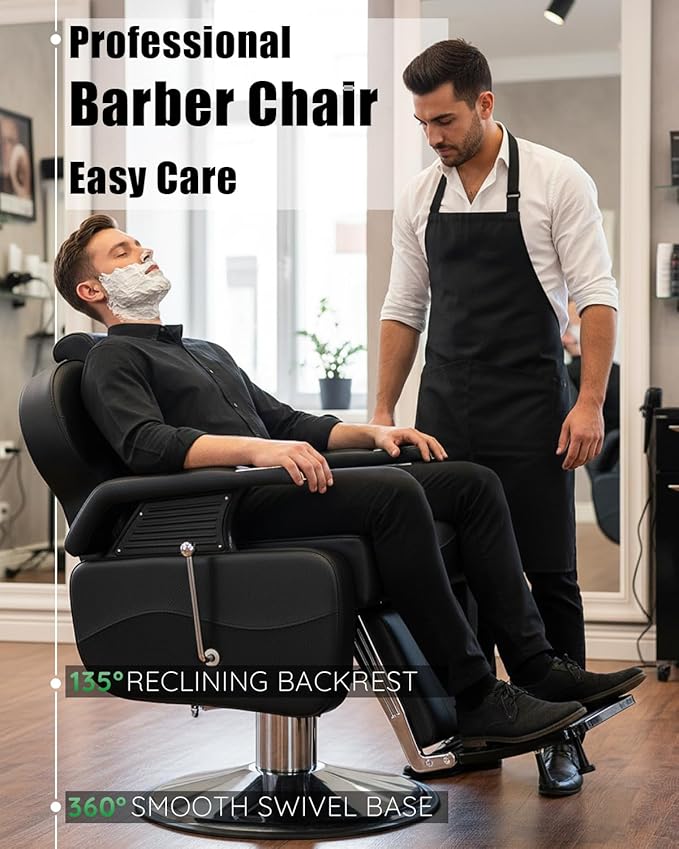 Barber Chair for Hair Stylist, 440 Lbs Heavy Duty Reclining Salon Chair with High-Density Foam Cushioning, Hydraulic Styling Chair for Spa Beauty Salon Home Studio (Black & Silver)