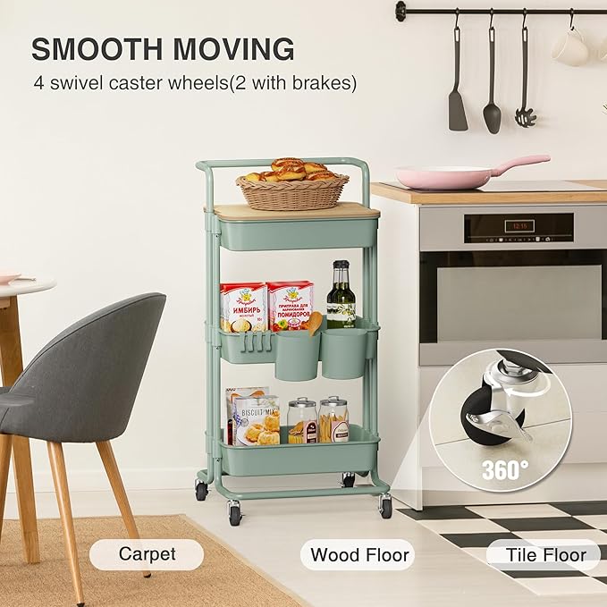 DTK 3 Tier Rolling Utility Cart with Cover Top Board, Movable Kitchen Storage Cart Trolley with Lockable Wheels, Cups, Hooks for Kitchen Bathroom Home Office Art Craft Storage(Turquoise/Green)