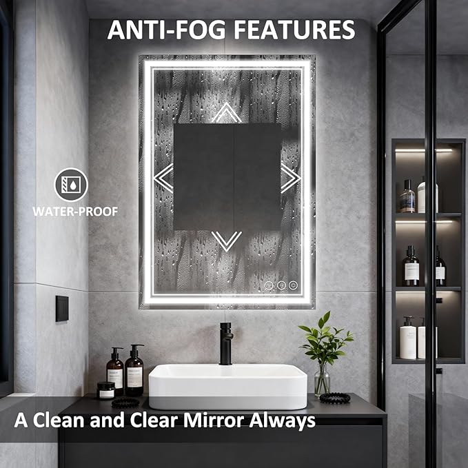 LED Bathroom Mirror 40"x24", 3 Colors Frontlit, Stepless Dimmable, Anti-Fog, Memory, Wall Mounted Vanity Mirror with Lights, Eco Copper-Free, Perfect for Bathroom & Bedroom