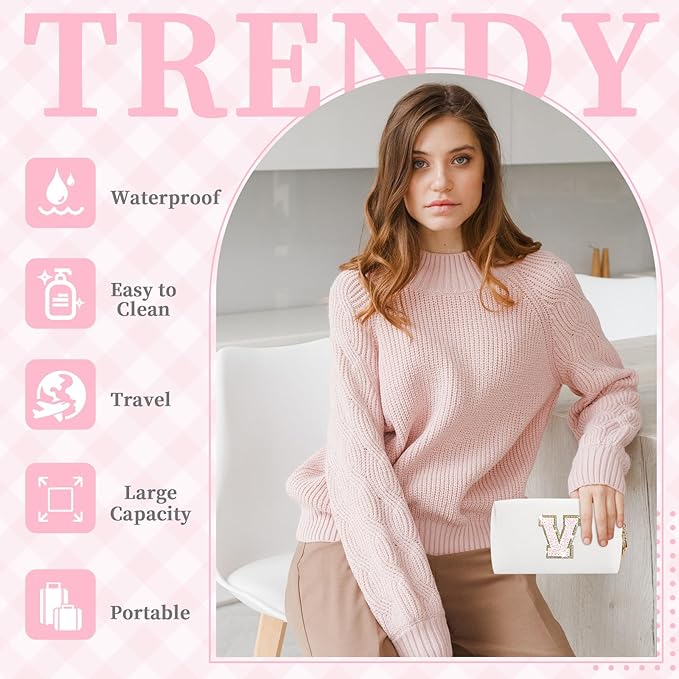 Small Initial Patch Makeup Bag Personalized Gifts Make Up Bag,White Cute PU Leather Glitter Letter Cosmetic Bag with Zipper,Trendy Portable Travel Toiletry Pouch,Preppy Stuff for Teen Girls Women V