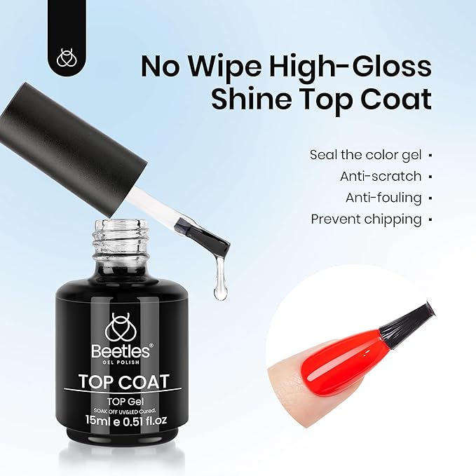 Beetles Gel Top Coat, 2Pcs 15ml Top Coat Gel Nail Polish High Gloss Shiny Long-Lasting, Soak Off Nail Lamp Home DIY Professional Manicure and Nail Salon