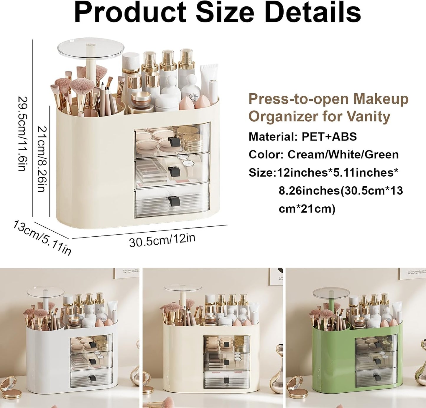 DASITON Makeup Organizer with 3 Drawers,Automatic Lifting Makeup Brush Holder with Lid,Large Capacity Makeup Organizers for Vanity,Bathroom Countertop,Ideal Storage Skin Care,Brushes,Lipstick (Cream)