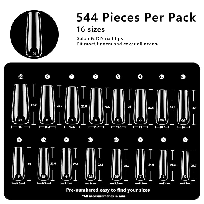 BETE Long Square Nail Tips, 544Pcs 16 Sizes, Clear Acrylic Full Cover False Nails, Pre-Shaped, Strong & Thicker, Long Lasting Press on Nails for DIY at Home & Salon