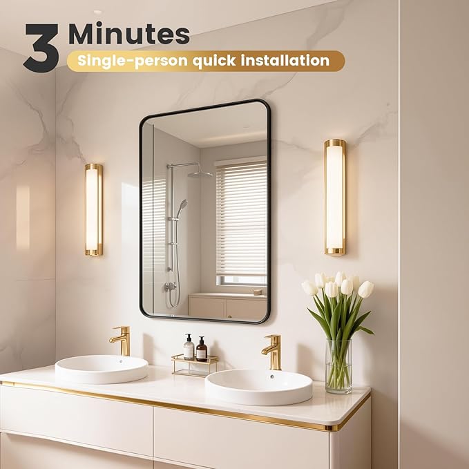 Black Bathroom Mirror for Wall, 24" x 30" Metal Framed Mirror, Rounded Rectangle Bathroom Mirrors, Black Bathroom Mirrors for Over Sink,Tempered Glass, Anti-Rust