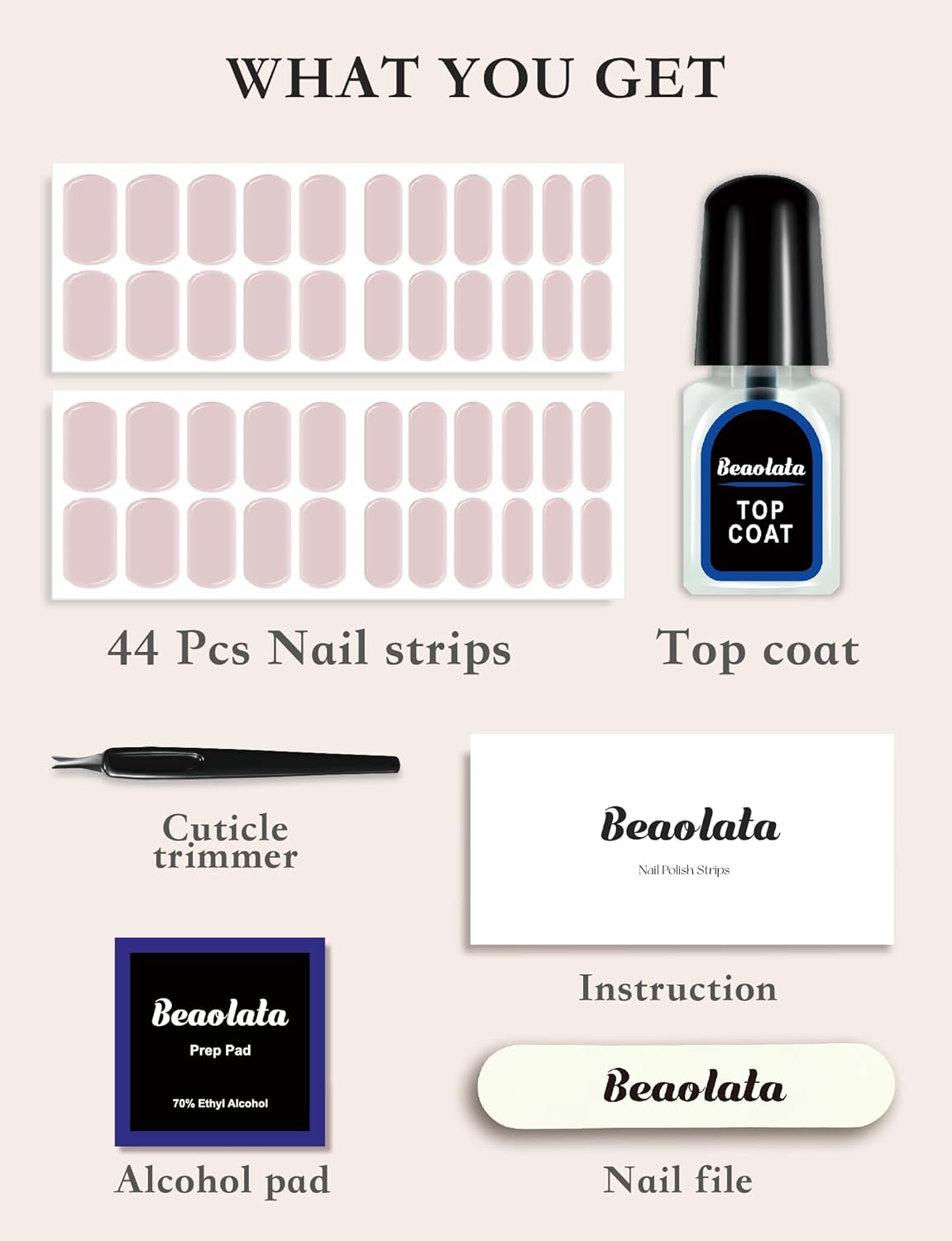 Nail Polish Strips, 44 Nail Wraps, Nail Stickers, Gel Nail Strips, Easy Apply& Remove, Long Lasting, Salon Quality (Rose Bubble Bath Pink)