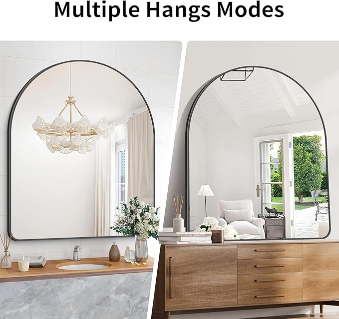 GLASHOM Arched Bathroom Mirror, 36"x48" Black Arched Mirror for Bathroom, Wall Mounted Mirror, Black Vanity Wall Mirror w/Metal Frame for Bedroom, Entryway, Living Room, Vertically Hanging