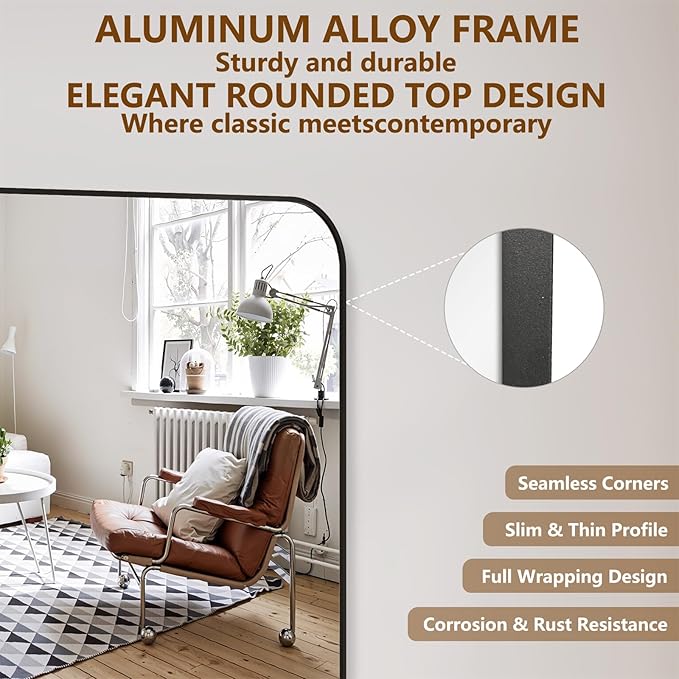 Koonmi Full Length Mirror, 76"x34" Mirror Full Length with Stand, Black Domed Top Square-Edged Floor Mirror with Aluminum Alloy Frame for Bedroom Living Room