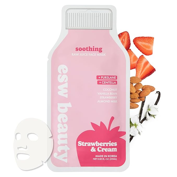 ESW Beauty Strawberries & Cream - Soothing Raw Juice Face Mask - Calming with Coconut, Vanilla Bean, Almond Milk & Strawberry for Sensitive Skin - Reduces Redness & Nourishes