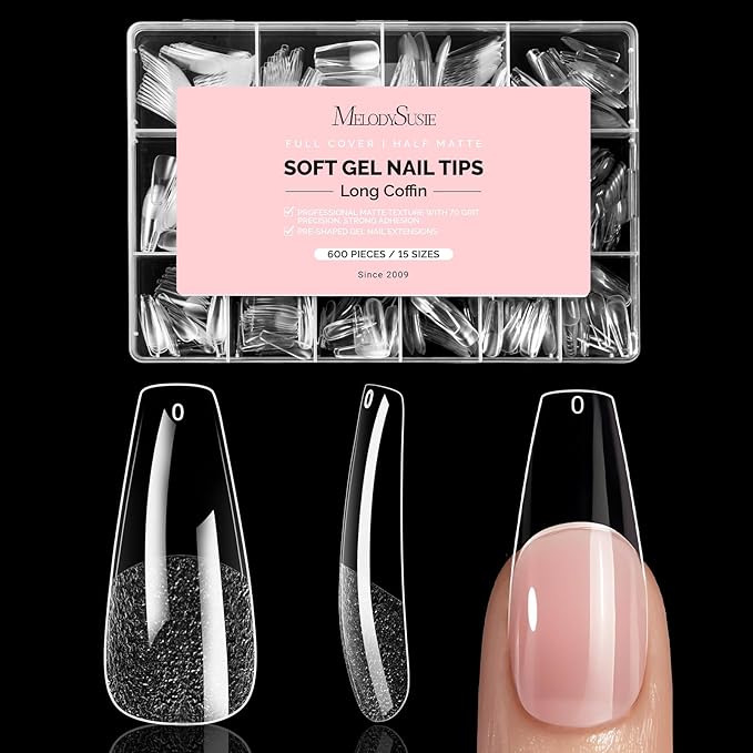 MelodySusie Long Coffin X Nail Tips - 600Pcs 15 Sizes Clear Acrylic, Half Matte Full Cover Press on Nails for DIY Extension & Salon Use, Pre-Shaped for Long-Lasting Manicure