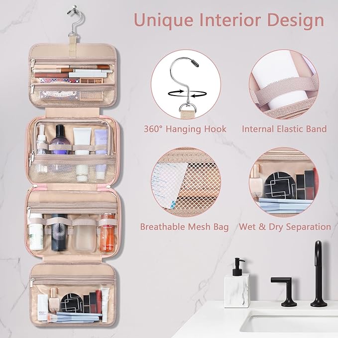 Wedama Toiletry Bag for Women, Hanging Travel Toiletry Bag with Jewelry Organizer Compartment Large Makeup Bag, PVC Waterproof Cosmetic Travel Bag for Travel Business Trips Camping Bathroom, Pink