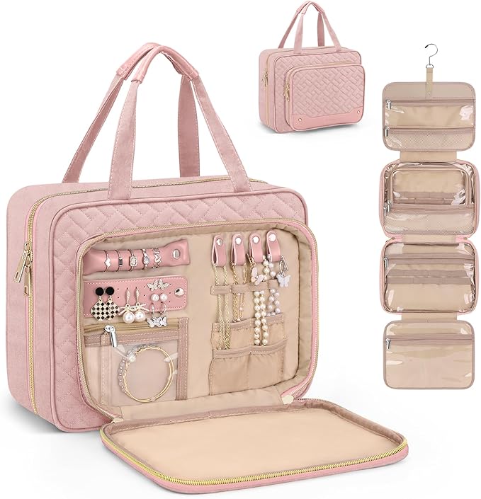 Wedama Toiletry Bag for Women, Hanging Travel Toiletry Bag with Jewelry Organizer Compartment Large Makeup Bag, PVC Waterproof Cosmetic Travel Bag for Travel Business Trips Camping Bathroom, Pink