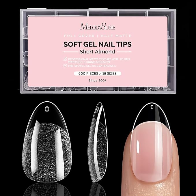MelodySusie Short Almond X Nail Tips - 600Pcs 15 Sizes Clear Acrylic, Half Matte Full Cover Press on Nails for DIY Extension & Salon Use, Pre-Shaped for Long-Lasting Manicure, Fall Winter Nails