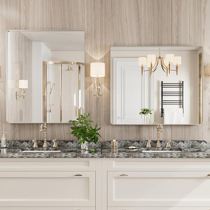 Brushed Nickel Bathroom Mirror, 30x36 Inch Thick Silver Metal Rectangle Frame Wall Mirror, Modern Round Corner Bathroom Vanity Mirror for Over Sink, Bedroom, Living Room, Entryway