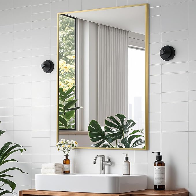 Brushed Gold Mirror, 30x36 Inch Aluminum Framed Square Corner Wall Mirror for Over Sink, Vanity, Horizontal/Vertical