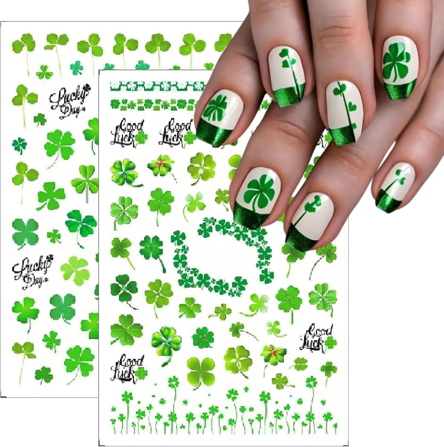 10 Sheets St. Patrick's Nail Art Stickers Green Shamrock 3D Self-Adhesive Four-Leaf Clover Nail Decoration Formal Hat Flag Nail Decals Lucky for Women Irish Spring Summer Design Manicure Decor