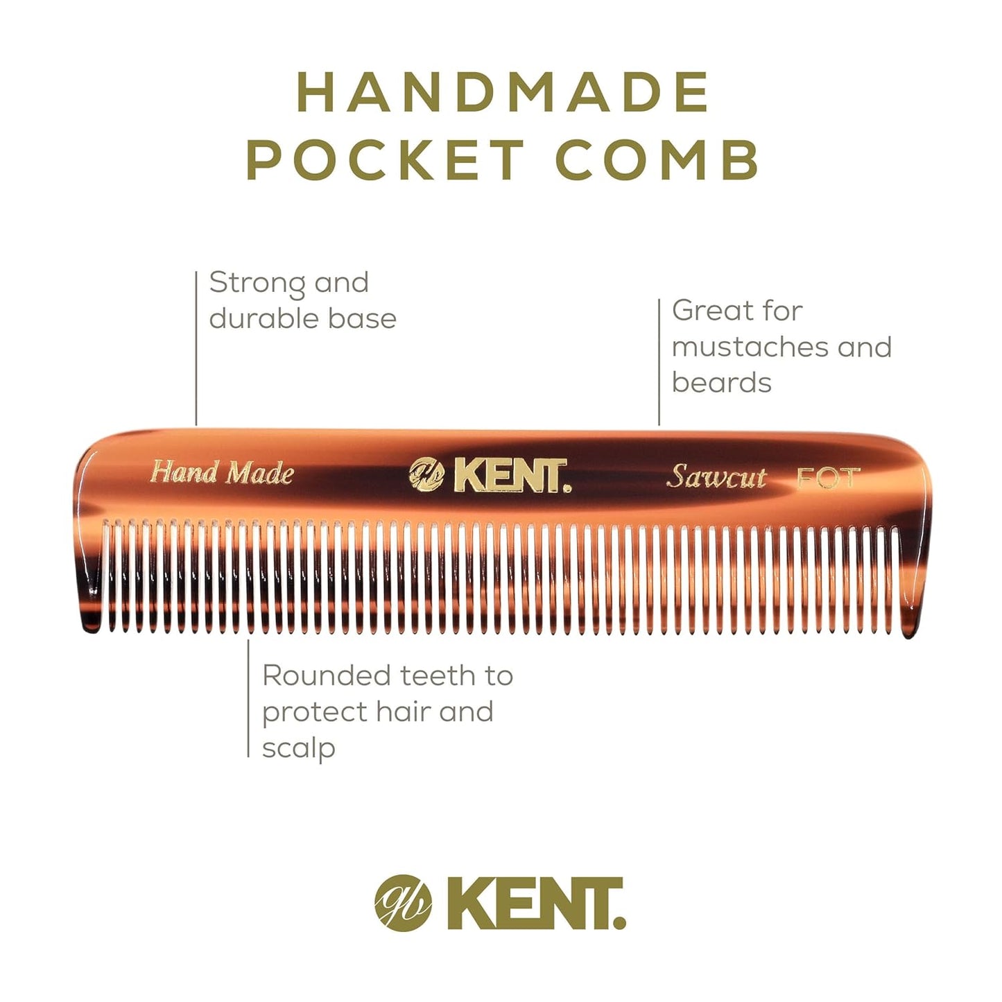 Kent FOT Tortoise Fine Tooth Comb for Men - Handmade Pocket Comb for Travel, Styling, Fine or Thinning Hair, Mustache and Beard Care Handpolished Saw-Cut Made in England