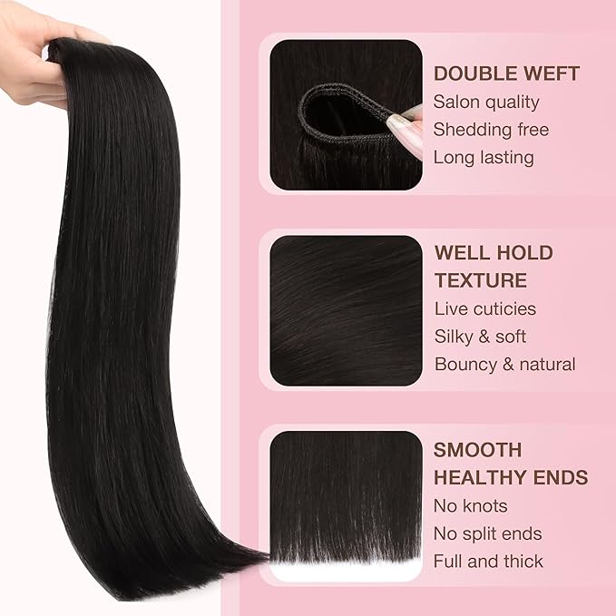 GOO GOO Sew in Hair Extensions Real Human Hair, Weft Hair Extensions Human Hair, 1B Natural black 22inch 110g, Weft Bundles Straight Silky Remy Hair