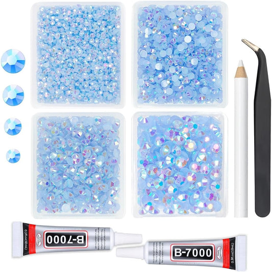 Light Blue AB Resin Rhinestones w B7000 Jewelry Glue for Bedazzling Crafting 3mm-6mm Flatback Jelly Stones Bulk SS10- SS30 Non-Hotfix Baby Blue Diamonds Gems for Nails Makeup Tumblers Crafts