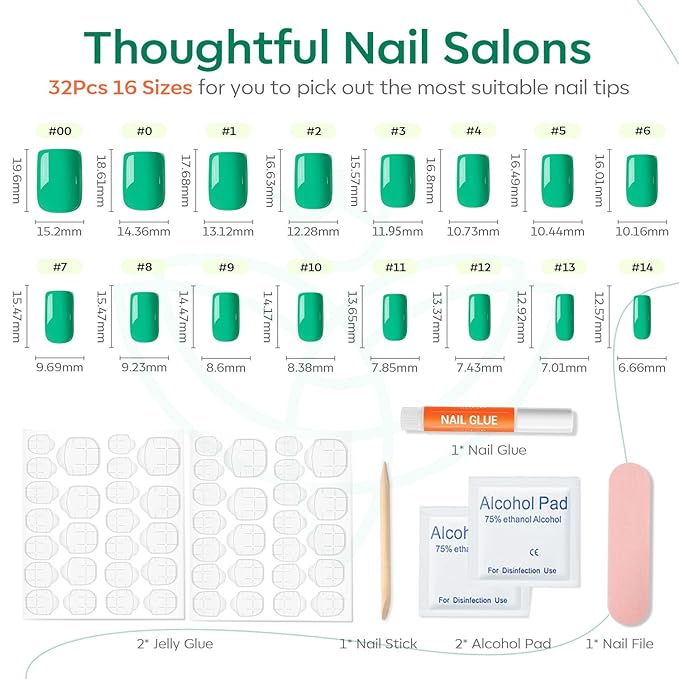 Modelones Green Press on Nails, Saint Parik's Day Short Square Fake Nails, Summer Spring Reusable Nail Kit with Nail Glue Adhesive Tabs Mini Nail File, Nails Press Ons 32Pcs16 Sizes, Women Girl Gift