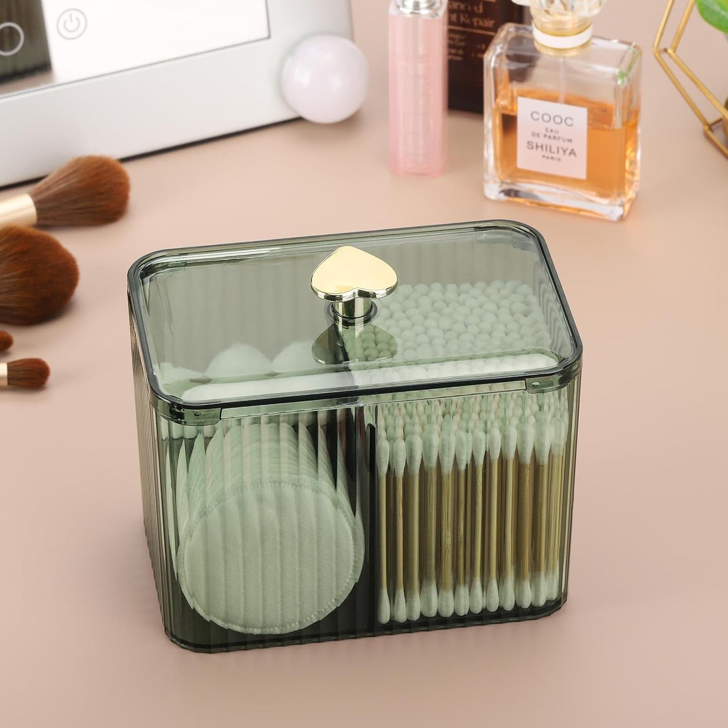 Tbestmax Qtip Holder Dispenser 3-Section Clear Cotton Swab/Pad/Ball Holder Container 3 Grids Bathroom Organizer Jar Cosmetics Storage for Vanity(Green)