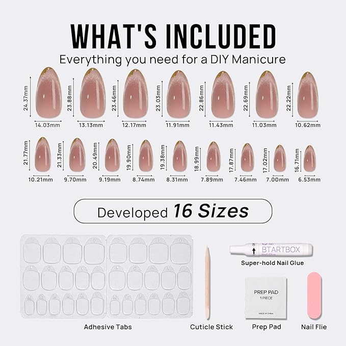 BTArtbox Press On Nails Almond - Knightshield, Cat Eye Press On Nails Medium Fake Nails with 3D Sculpting Metallic Design, Supremely Fit & Glossy Glue On Nails in 16 Sizes, 32 Stick On Nail Kit