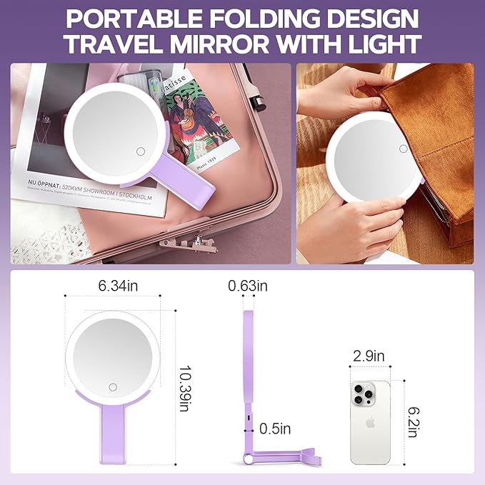 Lighted Makeup Mirror, 30X Magnifying Mirror with Light, Hanging and Handheld Mirror with Handle, Purple