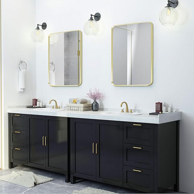Gold Framed Bathroom Mirror, Brushed Gold Bathroom Vanity Wall Mirror, Rounded Rectangle Gold Frame Mirror, Tempered Glass, Anti-Rust, Hangs Horizontally or Vertically (24" x 32", Gold)