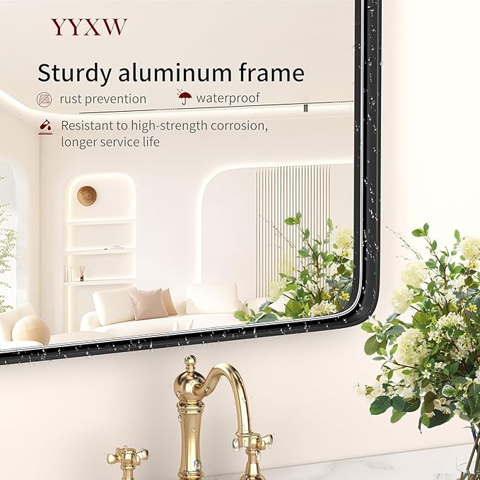 Black Bathroom Mirror for Wall, 24" x 30" Metal Framed Mirror, Rounded Rectangle Bathroom Mirrors, Black Bathroom Mirrors for Over Sink,Tempered Glass, Anti-Rust