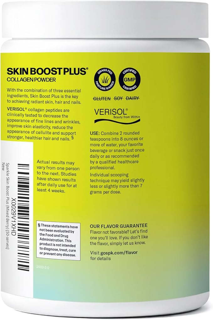 Sparkle Wellness VERISOL Bioactive Hydrolyzed Collagen Peptides | Collagen Powder with Vitamin C & Hyaluronic Acid for Hair, Skin, and Nail Health | Skin Boost Plus (Mixed Berry) [50-Serves]