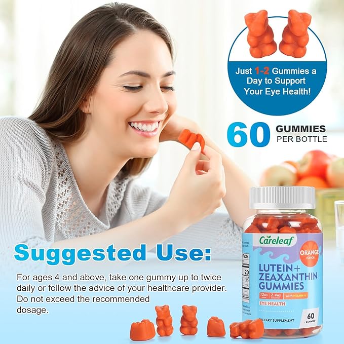 Vegan Lutein and Zeaxanthin Supplements, Lutein for Eyes with Zeaxanthin & Vitamin A, Lutein Gummies for Dry Eye Relief & Clear Vision, Eye Vitamins for Seniors & Kid, 60 Count, Orange Flavor