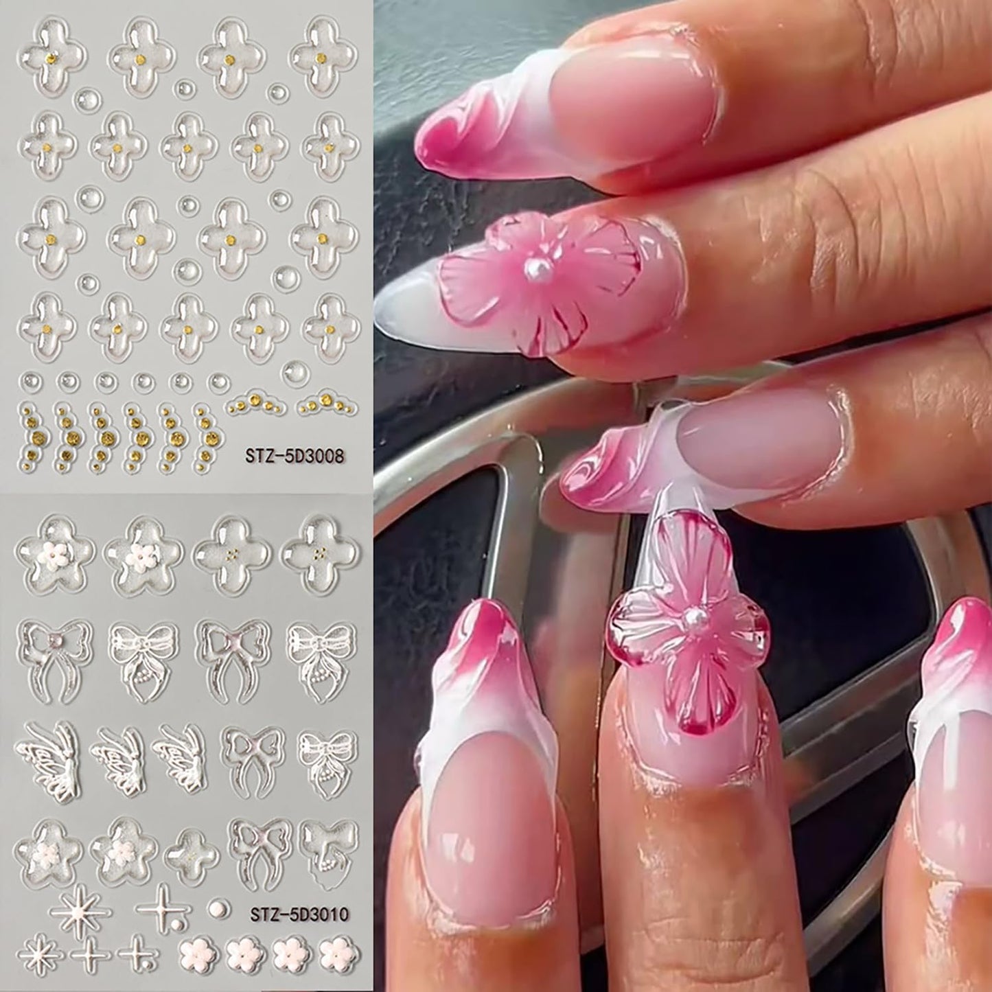 6 Sheets Flower Nail Art Stickers 5D Self-Adhesive Nails Sticker Floral Butterfly Nail Art Decals Holographic Decal Decoration for Women Golden Bow Manicure Stickers DIY Nail Sticker Supplies