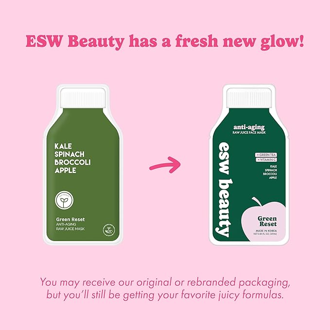 ESW Beauty Green Reset - Anti-Aging Raw Juice Face Mask - Revitalizing with Kale, Spinach, Broccoli & Apple for Mature Skin - Boosts Collagen & Reduces Wrinkles