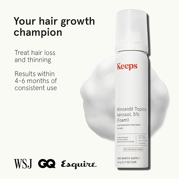 Keeps Extra Strength Minoxidil for Men Topical Aerosol Foam 5%, Hair Growth Treatment - 3 Month Supply (3 x 2.11oz Bottles) - Thicker, Longer Hair - Slows Hair Loss & Promotes Hair Regrowth