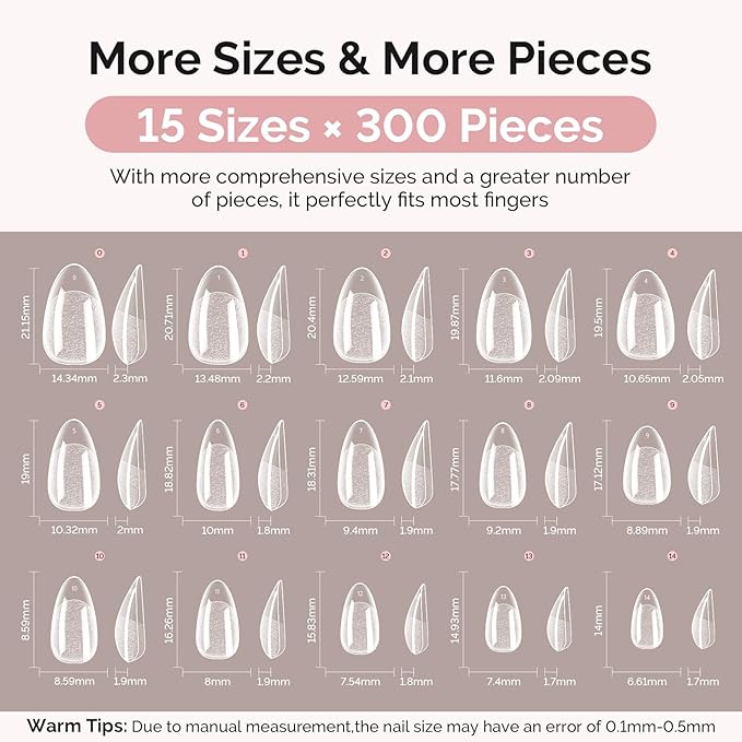 MelodySusie Short Almond Gel Nail Tips Kit-300Pcs Pre-Building Apex Fake Nail Tips 20g Solid Nail Glue Gel,Half Matte Full Cover Clear Acrylic Nail,15Sizes Thick Strong Long Lasting for Home DIY&Salon