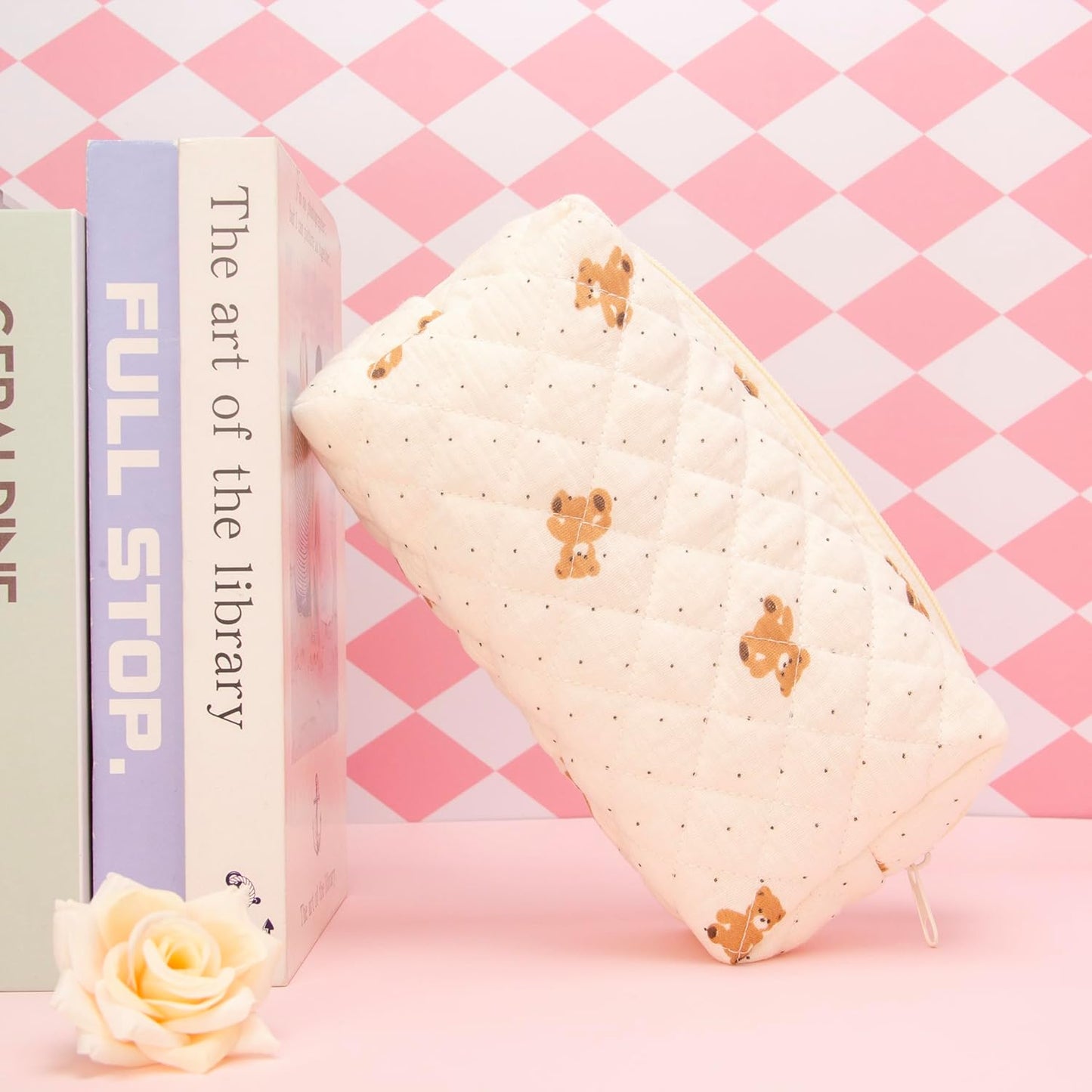 PAZIMIIK 6PCS Vintage Quilted Makeup Bag SET Cosmetic Pouch for Brushes Pencils and Travel Make Up Accessories for Women and Girls Bear Beige