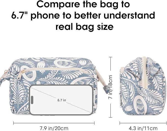 Narwey Women Makeup Bag Wide-open Make up Bag Travel Cosmetic Organizer Toiletry Bag for Cosmetics Toiletries Accessories (Blue Leaf)