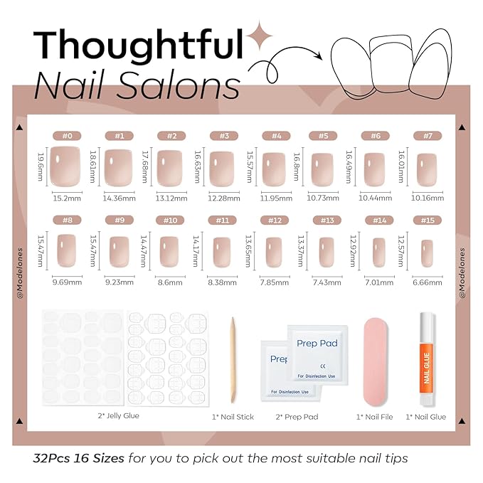 Modelones Sheer Greige Press on Nails, Short Square Fake Nails, Semi-Transparent Reusable Nail Kit with Nail Glue Adhesive Tabs Mini Nail File, Nails Press Ons 32Pcs16 Sizes, Women Girl Gift