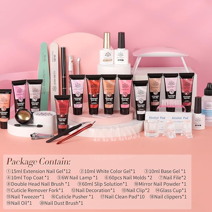 BORN PRETTY Poly Extension Gel Kit-12 Colors Extension Nail Gel Kit Nude Clear Jelly Pink All-In-1 Kit Builder Glue with Nail Lamp Base Top Coat Set Nail Forms French Manicure Ideal Gifts