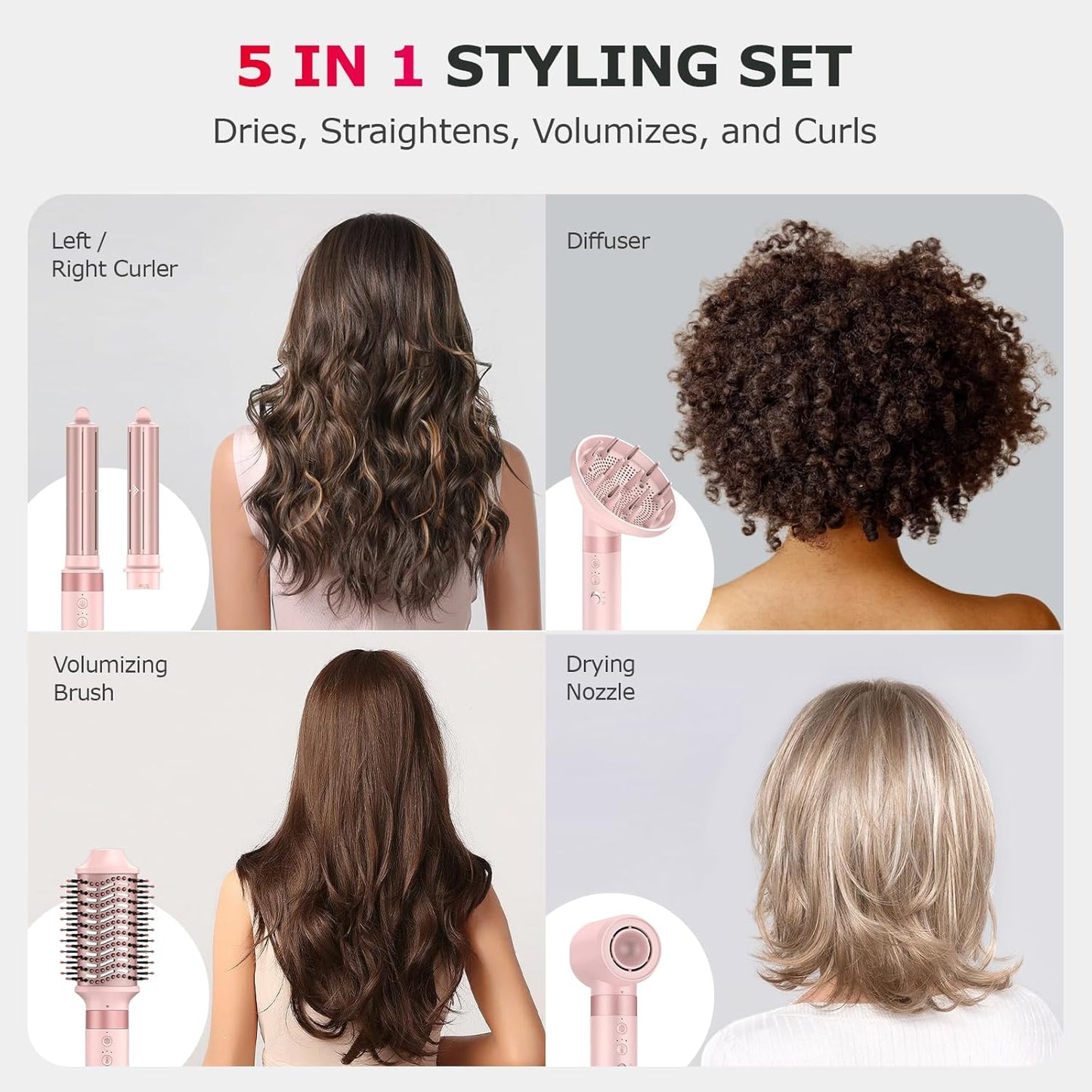 5 in 1 High-Speed Hot Air Styler - Professional Frizz-Free Hair Dryer Brush, Fast Drying Hair Dryer with Diffuser, No Heat Damage Air Styler Wrap - Curl, Volumize