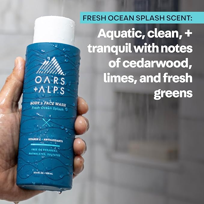 Oars + Alps Body Wash for Men, Mens Body Wash with Vitamin E and Antioxidants, Moisturizing, Hydrating, Paraben & Sulfate Free Cleanser, Fresh Ocean Splash, 2pk