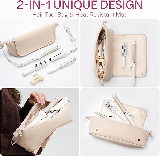 Aerotrunk Hair Tools Organizer - Hot Hair Tools Travel Bag with Heat Resistant Mat, Large Capacity Pouch for Flat Irons, Curling Wands, Hair Dryers - Beige