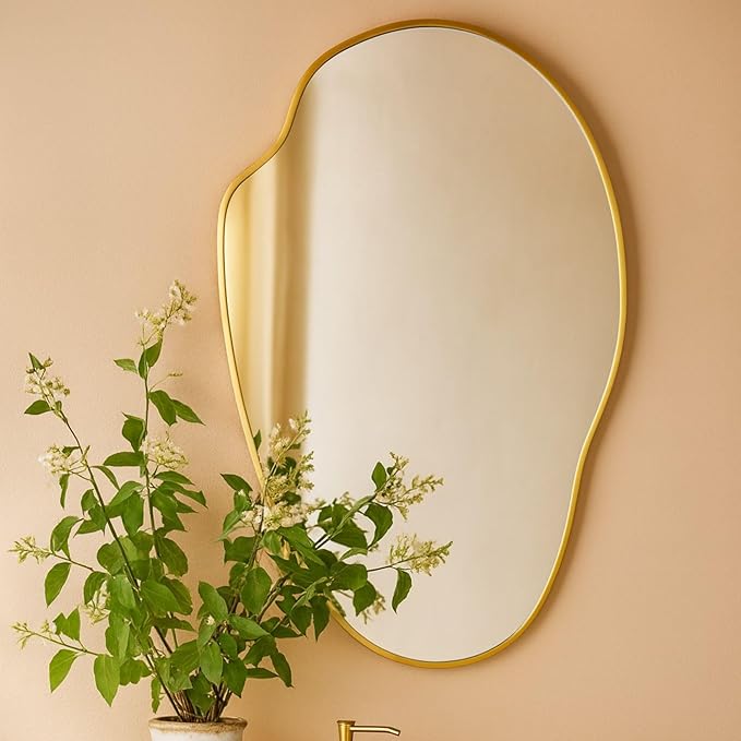 TOMACE Brushed Gold Asymmetrical Irregular Wall Mirror,22''x 34'' Unique Brass Frame Wall Mounted Mirror for Bathroom,Entryway,Nursery